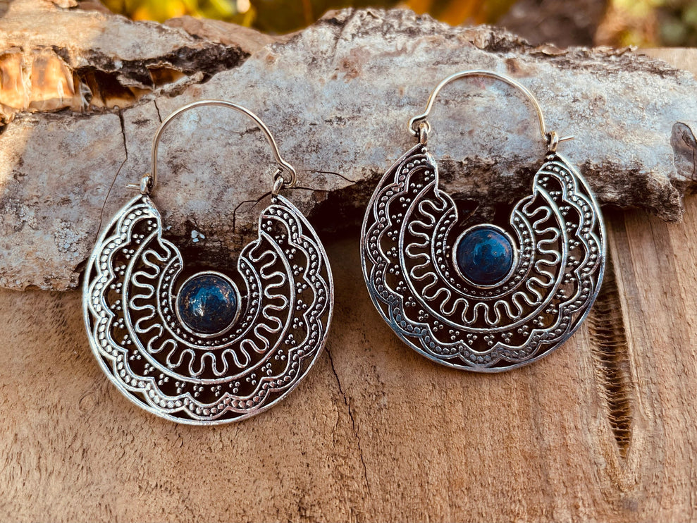 Silver Ethnic Lapis Lazuli Earrings Ethnic, Blue Stone , rustic, yoga, hippie, gypsy, pretty, psy, boho, bohemian, festival