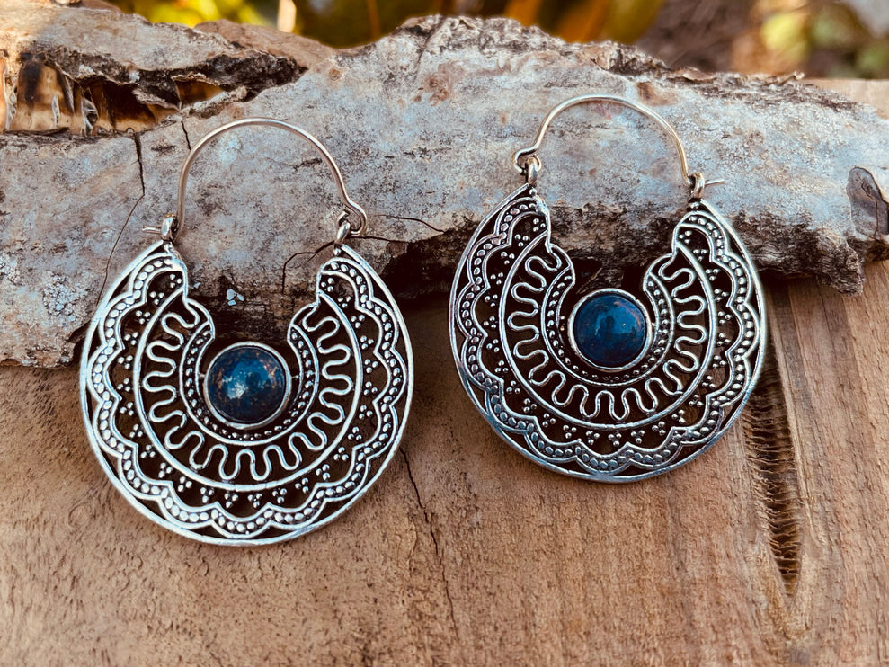 Silver Ethnic Lapis Lazuli Earrings Ethnic, Blue Stone , rustic, yoga, hippie, gypsy, pretty, psy, boho, bohemian, festival