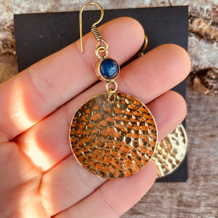 Lapis Lazuli Boucles D'oreilles Pendantes Laiton Effet Martelé, Bohème Ethnique Yoga Rustique Gypsy Bohemian