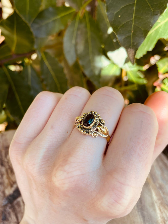 Boho Indian Black Onyx Brass Ring / Ethnic / Rustic / Festival / Tribal / Black / Hippie / Gypsy / Psy / Stone / Healing / Adjustable