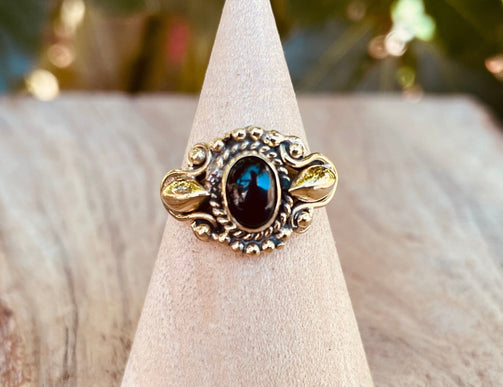 Boho Indian Black Onyx Brass Ring / Ethnic / Rustic / Festival / Tribal / Black / Hippie / Gypsy / Psy / Stone / Healing / Adjustable