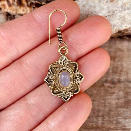 Rose Quartz earrings Brass Drop Dangle earrings / Birth Stone / Ethnic / rustic, yoga, hippie, gypsy, pretty, psy, boho, bohemian, festival