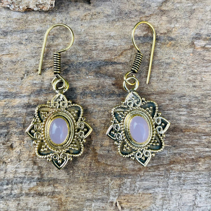 Rose Quartz earrings Brass Drop Dangle earrings / Birth Stone / Ethnic / rustic, yoga, hippie, gypsy, pretty, psy, boho, bohemian, festival