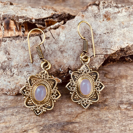 Rose Quartz earrings Brass Drop Dangle earrings / Birth Stone / Ethnic / rustic, yoga, hippie, gypsy, pretty, psy, boho, bohemian, festival