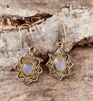 Rose Quartz earrings Brass Drop Dangle earrings / Birth Stone / Ethnic / rustic, yoga, hippie, gypsy, pretty, psy, boho, bohemian, festival