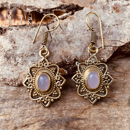 Rose Quartz earrings Brass Drop Dangle earrings / Birth Stone / Ethnic / rustic, yoga, hippie, gypsy, pretty, psy, boho, bohemian, festival