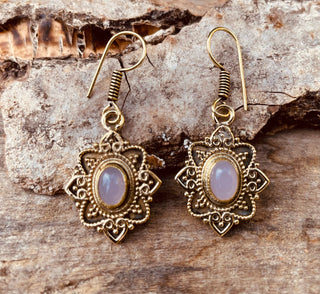 Rose Quartz earrings Brass Drop Dangle earrings / Birth Stone / Ethnic / rustic, yoga, hippie, gypsy, pretty, psy, boho, bohemian, festival