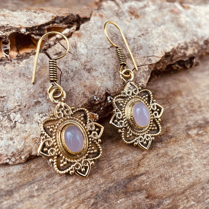 Rose Quartz earrings Brass Drop Dangle earrings / Birth Stone / Ethnic / rustic, yoga, hippie, gypsy, pretty, psy, boho, bohemian, festival