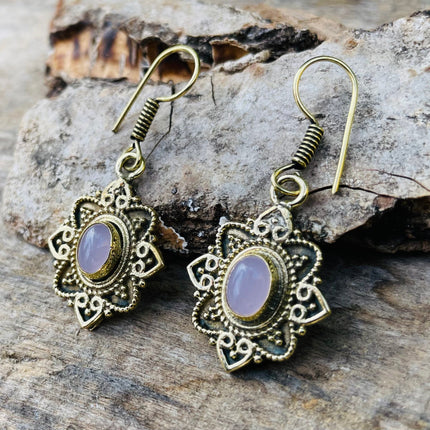 Rose Quartz earrings Brass Drop Dangle earrings / Birth Stone / Ethnic / rustic, yoga, hippie, gypsy, pretty, psy, boho, bohemian, festival
