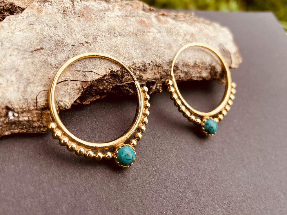 Boho Hoops Turquoise Brass Earrings / Triangle / Mandala / Ethnic / Rustic / Yoga / Hippie / Gypsy / Psy / Bohemian / Festival