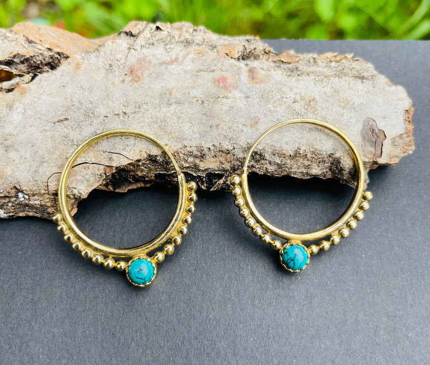 Boho Hoops Turquoise Brass Earrings / Triangle / Mandala / Ethnic / Rustic / Yoga / Hippie / Gypsy / Psy / Bohemian / Festival