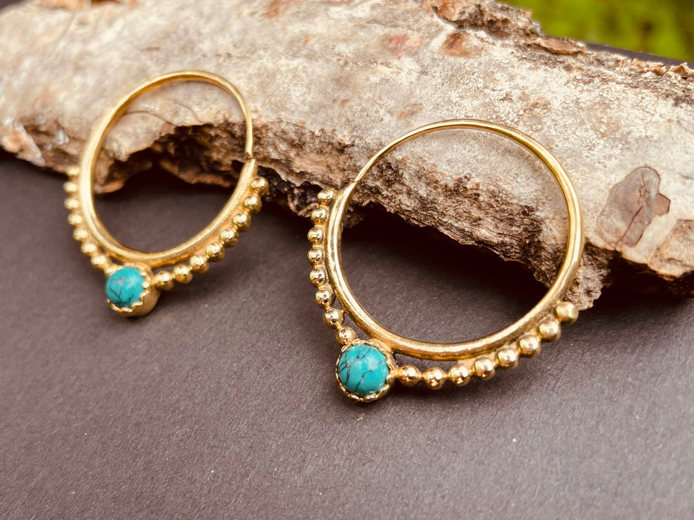 Boho Hoops Turquoise Brass Earrings / Triangle / Mandala / Ethnic / Rustic / Yoga / Hippie / Gypsy / Psy / Bohemian / Festival