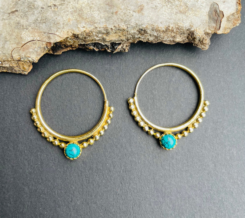 Boho Hoops Turquoise Brass Earrings / Triangle / Mandala / Ethnic / Rustic / Yoga / Hippie / Gypsy / Psy / Bohemian / Festival