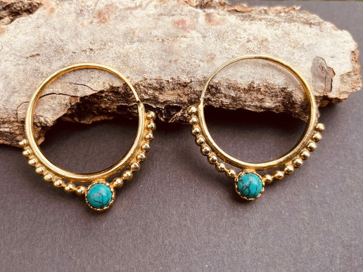 Boho Hoops Turquoise Brass Earrings / Triangle / Mandala / Ethnic / Rustic / Yoga / Hippie / Gypsy / Psy / Bohemian / Festival