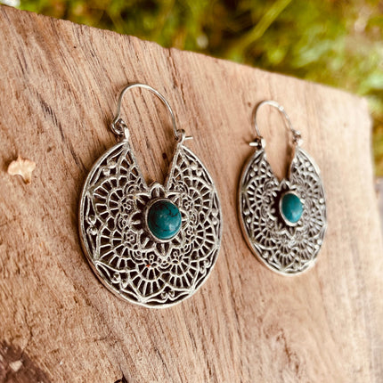 Créoles Turquoise Boucles D'oreille Argent, Ethnique Bohème Yoga Boho Rustique Chic Gypsy Spiral Hippie Tribal Bohemian