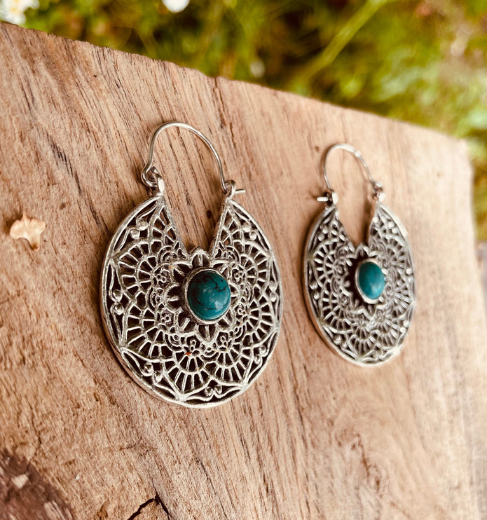 Créoles Turquoise Boucles D'oreille Argent, Ethnique Bohème Yoga Boho Rustique Chic Gypsy Spiral Hippie Tribal Bohemian