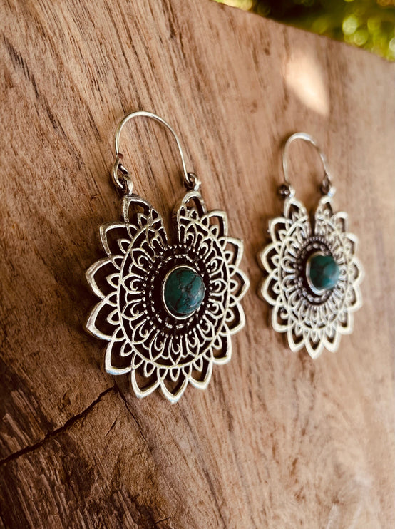 Silver Mandala Flower Turquoise Earrings ; Ethnic, Geometric, rustic, yoga, hippie, gypsy, pretty, boho, bohemian, festival