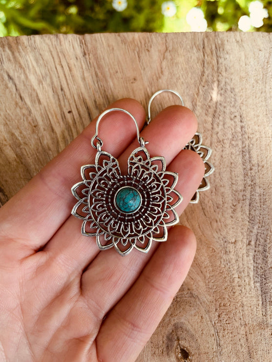 Silver Mandala Flower Turquoise Earrings ; Ethnic, Geometric, rustic, yoga, hippie, gypsy, pretty, boho, bohemian, festival