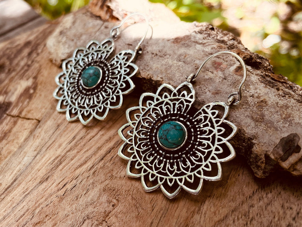 Silver Mandala Flower Turquoise Earrings ; Ethnic, Geometric, rustic, yoga, hippie, gypsy, pretty, boho, bohemian, festival