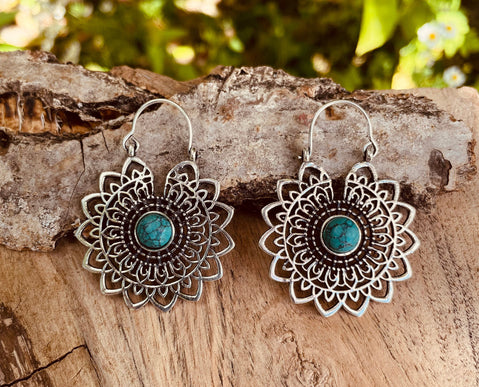 Silver Mandala Flower Turquoise Earrings ; Ethnic, Geometric, rustic, yoga, hippie, gypsy, pretty, boho, bohemian, festival