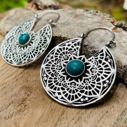 Créoles Turquoise Boucles D'oreille Argent, Ethnique Bohème Yoga Boho Rustique Chic Gypsy Spiral Hippie Tribal Bohemian