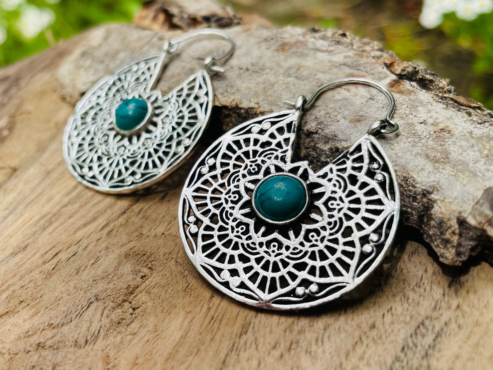 Créoles Turquoise Boucles D'oreille Argent, Ethnique Bohème Yoga Boho Rustique Chic Gypsy Spiral Hippie Tribal Bohemian