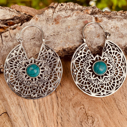 Créoles Turquoise Boucles D'oreille Argent, Ethnique Bohème Yoga Boho Rustique Chic Gypsy Spiral Hippie Tribal Bohemian