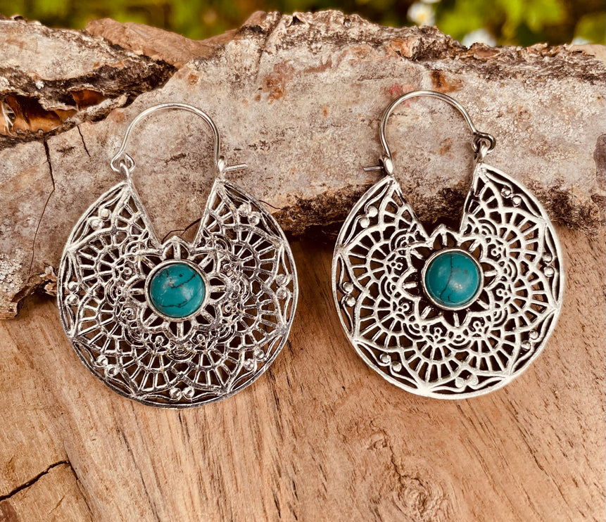 Créoles Turquoise Boucles D'oreille Argent, Ethnique Bohème Yoga Boho Rustique Chic Gypsy Spiral Hippie Tribal Bohemian