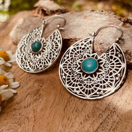 Créoles Turquoise Boucles D'oreille Argent, Ethnique Bohème Yoga Boho Rustique Chic Gypsy Spiral Hippie Tribal Bohemian