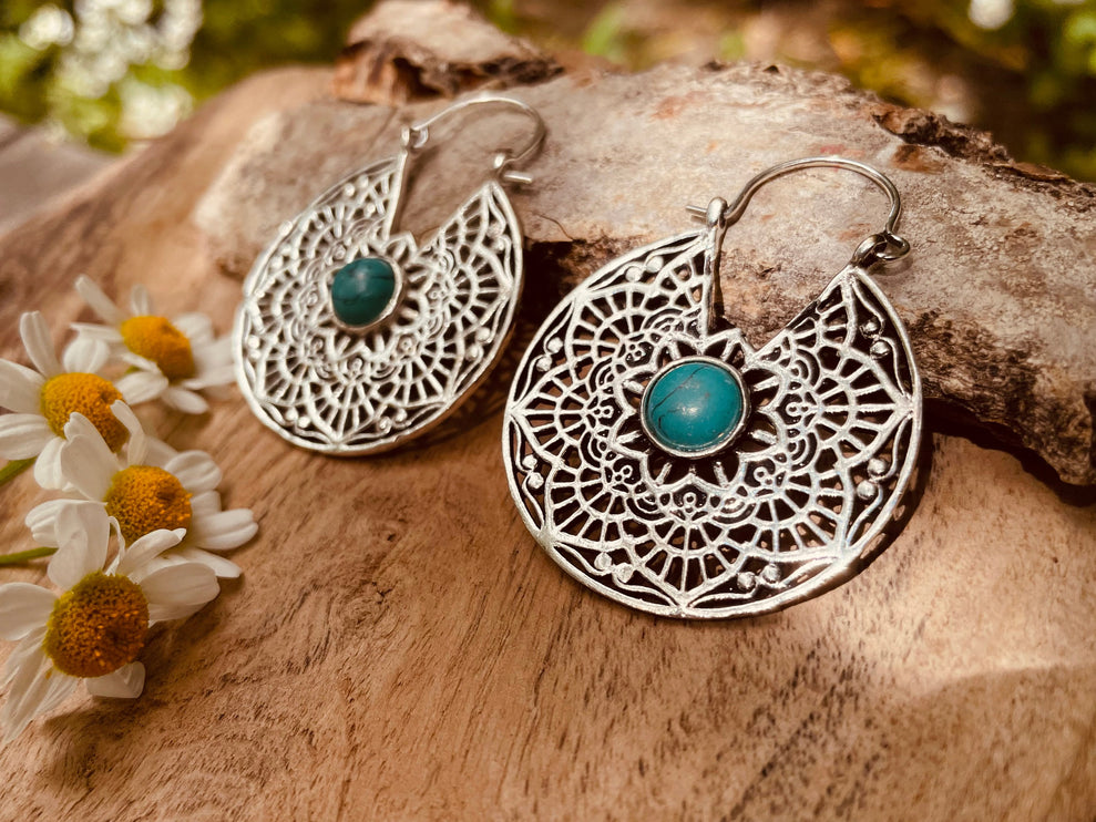 Créoles Turquoise Boucles D'oreille Argent, Ethnique Bohème Yoga Boho Rustique Chic Gypsy Spiral Hippie Tribal Bohemian