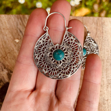 Créoles Turquoise Boucles D'oreille Argent, Ethnique Bohème Yoga Boho Rustique Chic Gypsy Spiral Hippie Tribal Bohemian