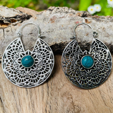 Créoles Turquoise Boucles D'oreille Argent, Ethnique Bohème Yoga Boho Rustique Chic Gypsy Spiral Hippie Tribal Bohemian