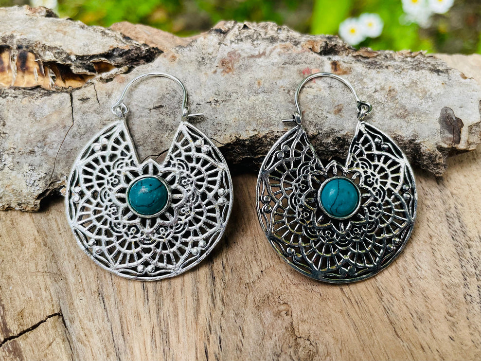 Créoles Turquoise Boucles D'oreille Argent, Ethnique Bohème Yoga Boho Rustique Chic Gypsy Spiral Hippie Tribal Bohemian