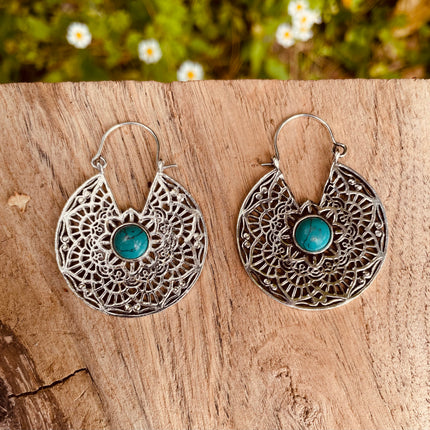 Créoles Turquoise Boucles D'oreille Argent, Ethnique Bohème Yoga Boho Rustique Chic Gypsy Spiral Hippie Tribal Bohemian