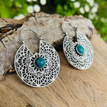 Créoles Turquoise Boucles D'oreille Argent, Ethnique Bohème Yoga Boho Rustique Chic Gypsy Spiral Hippie Tribal Bohemian