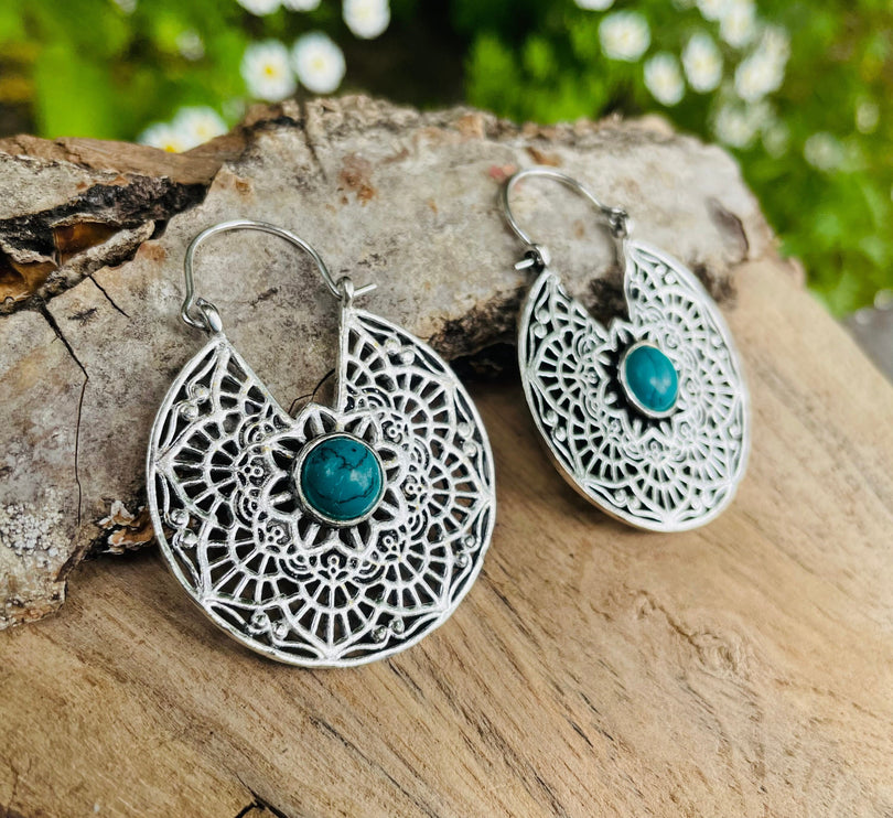 Créoles Turquoise Boucles D'oreille Argent, Ethnique Bohème Yoga Boho Rustique Chic Gypsy Spiral Hippie Tribal Bohemian