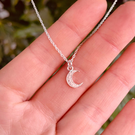 Sterling Silver Necklace Moon Pendant Adjustable Chain / ZIrcon / Delicate / Dainty Jewelery / Modern / Contemporary jewellery / Boho style
