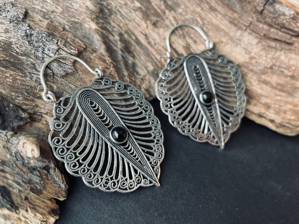 Black Onyx Silver Boho Earrings / Ethnic Jewellery / Rustic Style / Yoga / Hippie / Gypsy / Bohemian Style / Festival Fashion / Gemstone